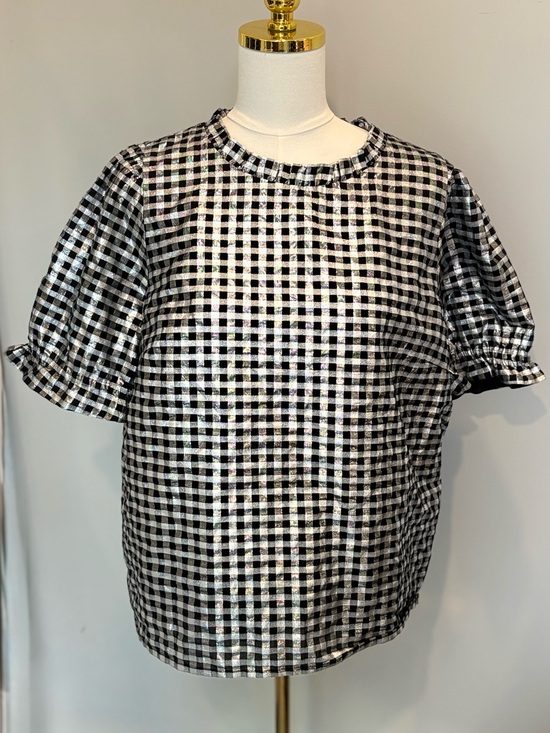 J. Crew Tops - J.Crew Metallic Silver & Black Gingham Puff Sleeve Top Women’s XXL